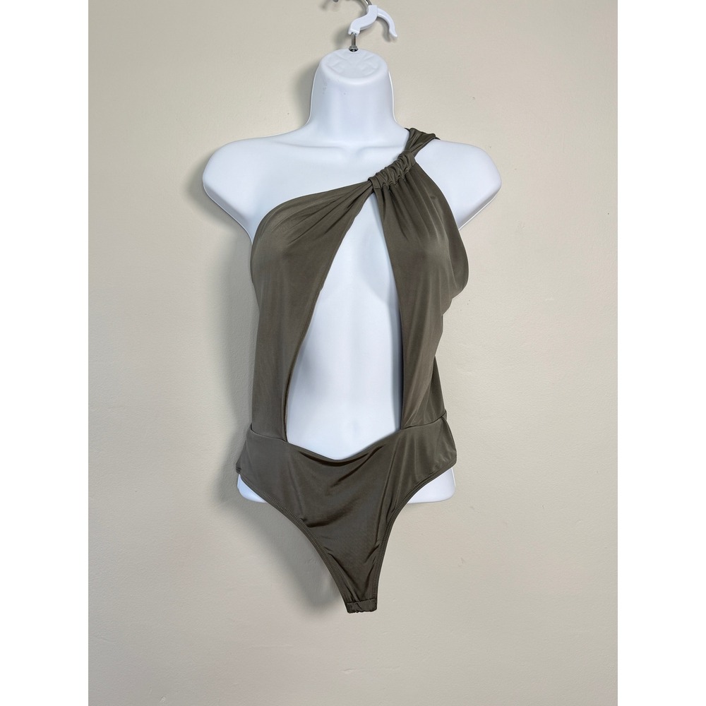 Clyque‎ V-Cut Bodysuit Women M Taupe One Shoulder Cutout Thong Clubwear Edgy